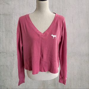 Pink Victoria Secret Cropped Long Sleeve V-Neck Waffle Tee Size XS, NWOT
